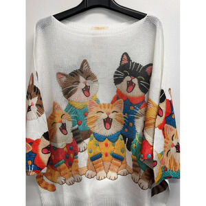L27 Loowie Playful Cat Round Neck Printed Knit Sweater One Size